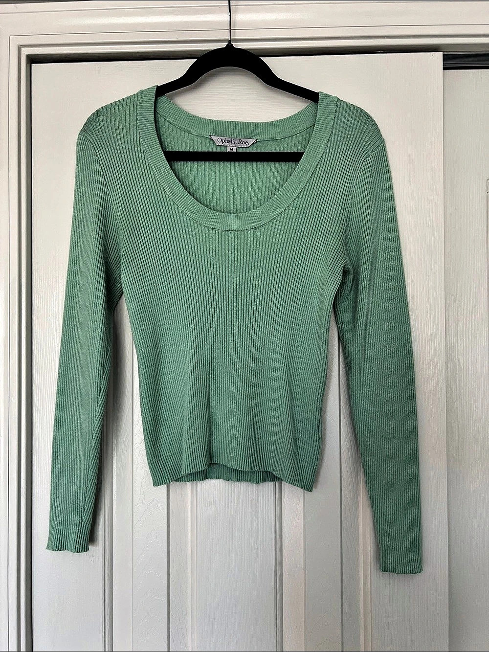Ophelia Roe Ribbed Scoop Neck Sweater in Mint Green Size Medium